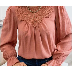 Blu Pepper Boho Lace Yoke Long Sleeve Blouse Relaxed Fit ROSE PINK SMALL NEW